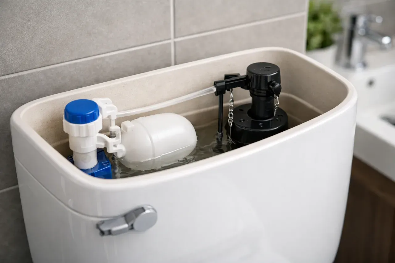 Réservoir de chasse d'eau de toilettes ouvert avec son mécanisme intérieur visible
