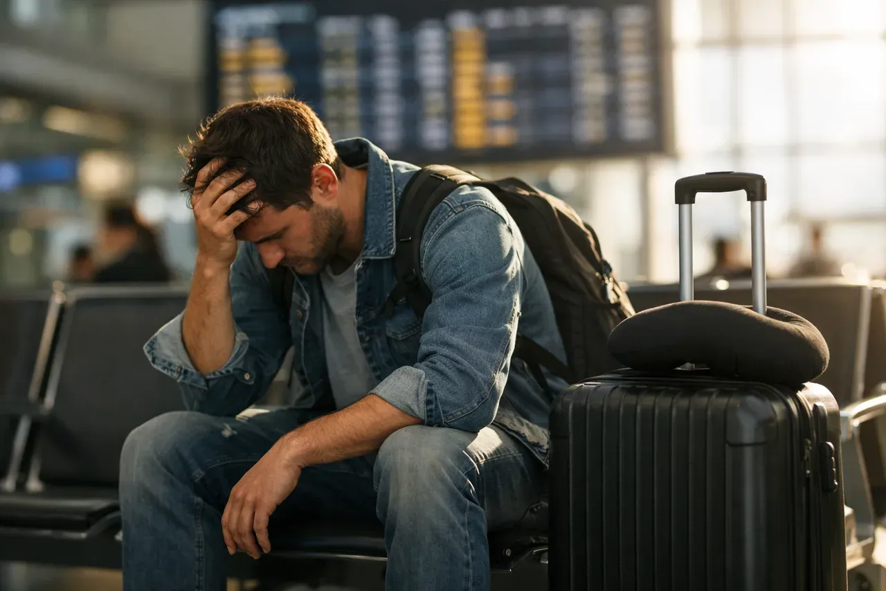 Voyageur fatigué avec une valise dans un aéroport, horloges affichant plusieurs fuseaux horaires