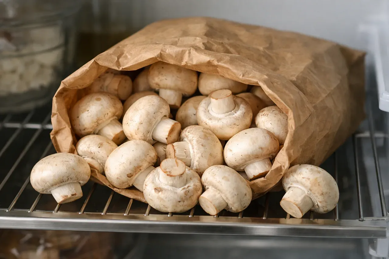 Champignons de Paris frais dans un sac en papier kraft posé sur une étagère de réfrigérateur
