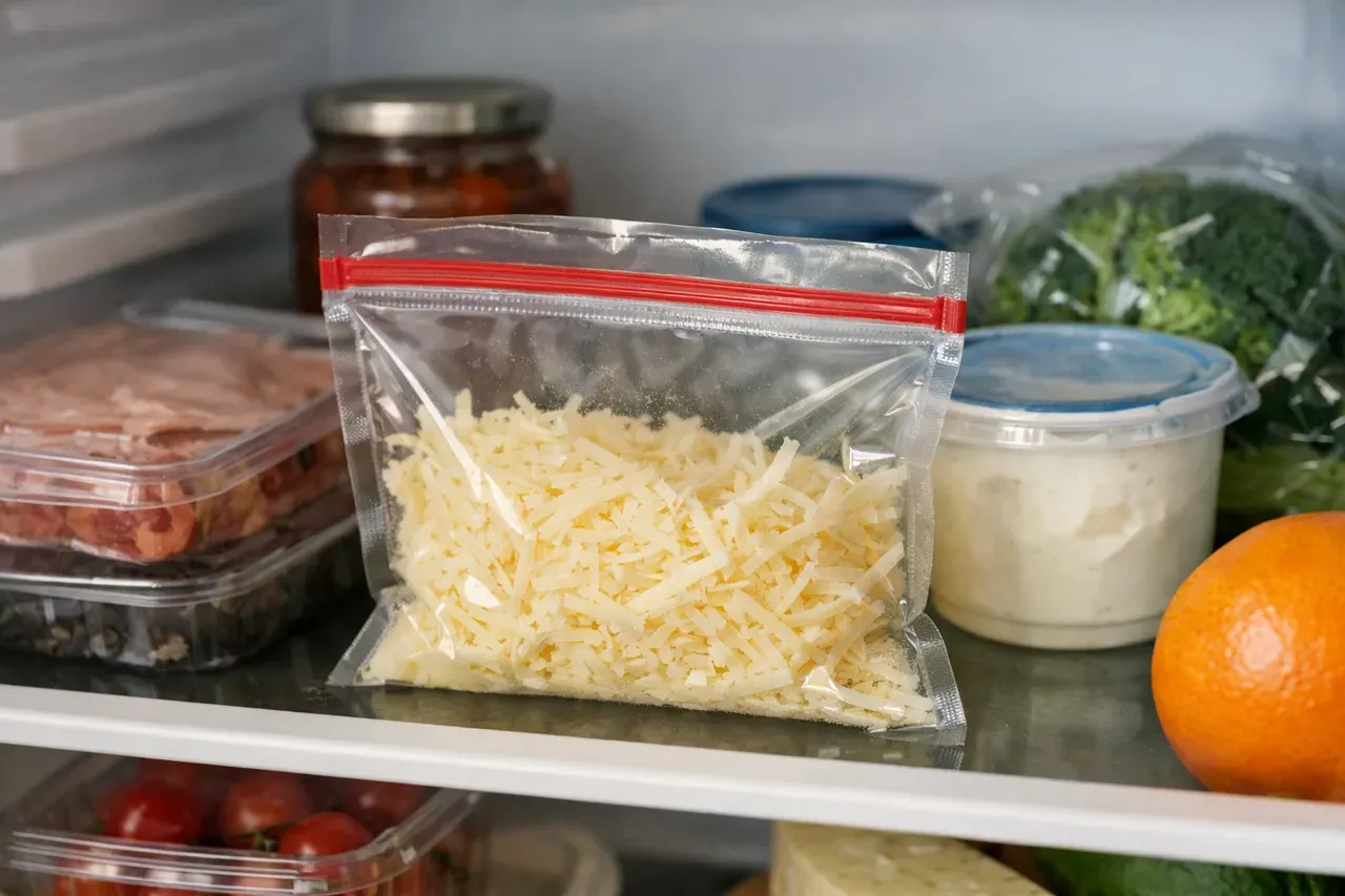 Sachet de fromage râpé entamé posé sur une étagère de réfrigérateur