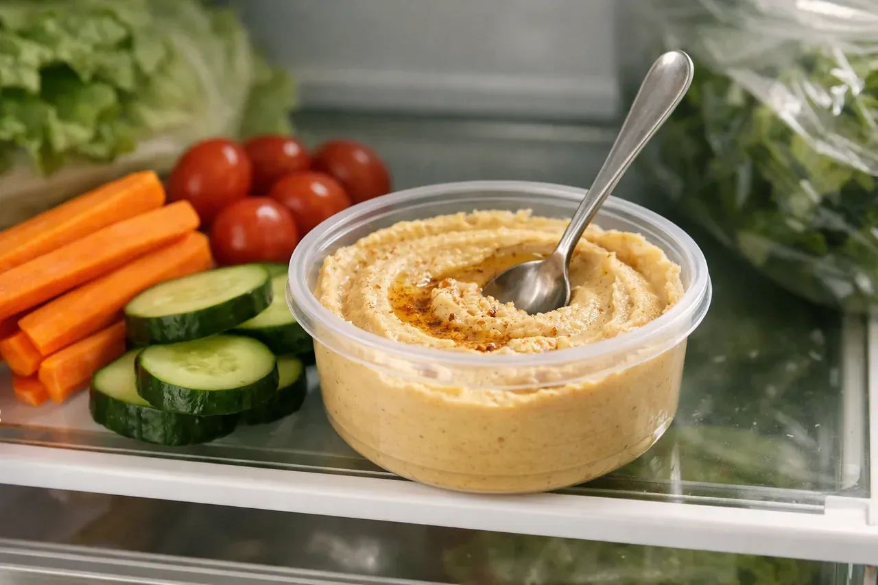 Pot de houmous entamé avec une cuillère, posé sur une étagère de réfrigérateur