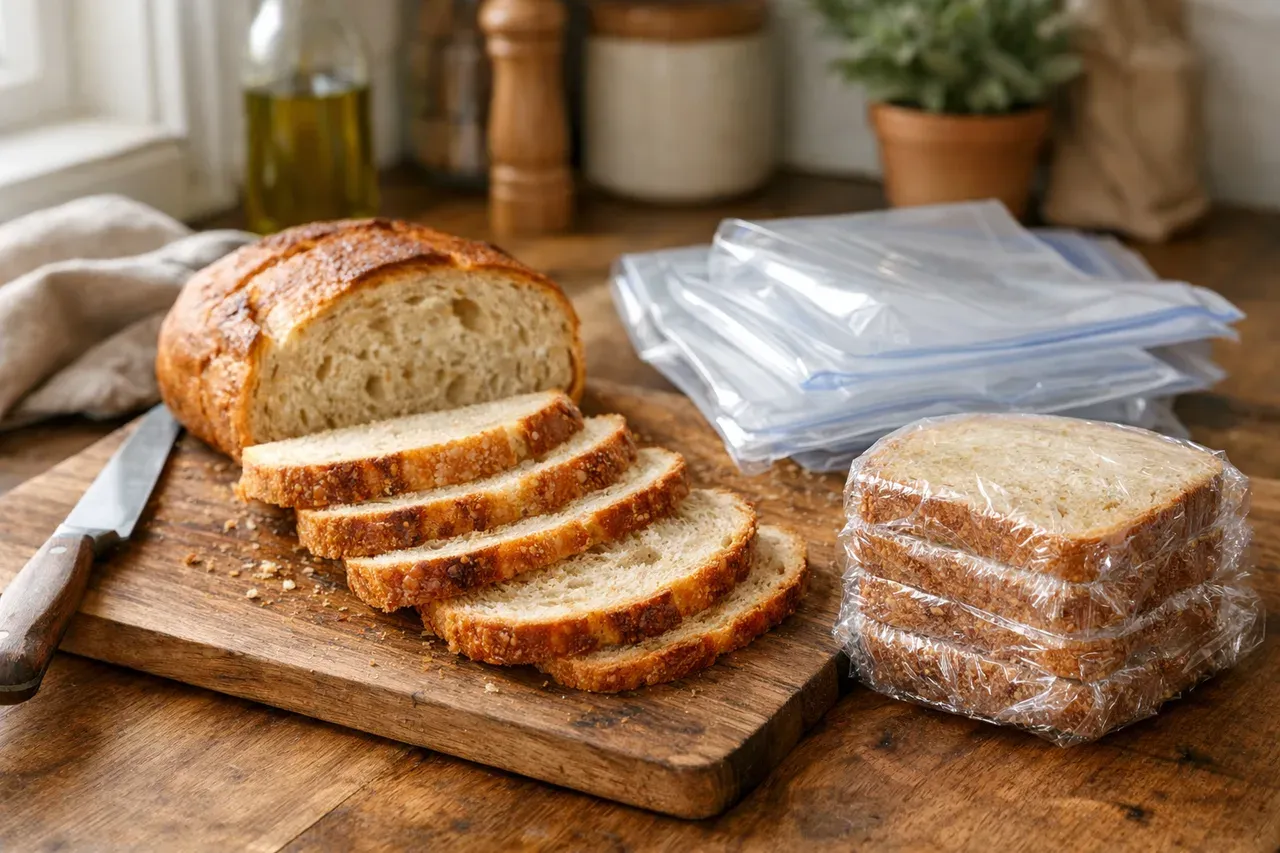 Pain maison tranché posé sur une planche en bois, à côté de sacs de congélation