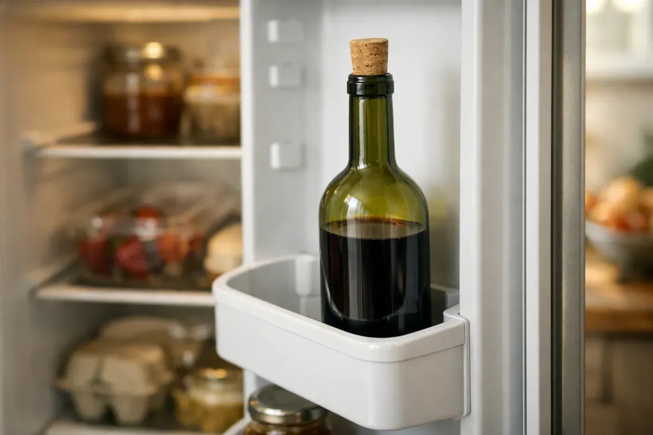 Bouteille de vin entamée et rebouchée avec un bouchon, posée dans la porte d'un réfrigérateur
