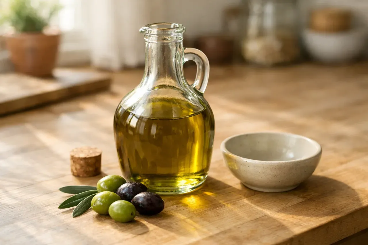 Bouteille d'huile d'olive ouverte posée sur un plan de travail de cuisine, à côté d'olives