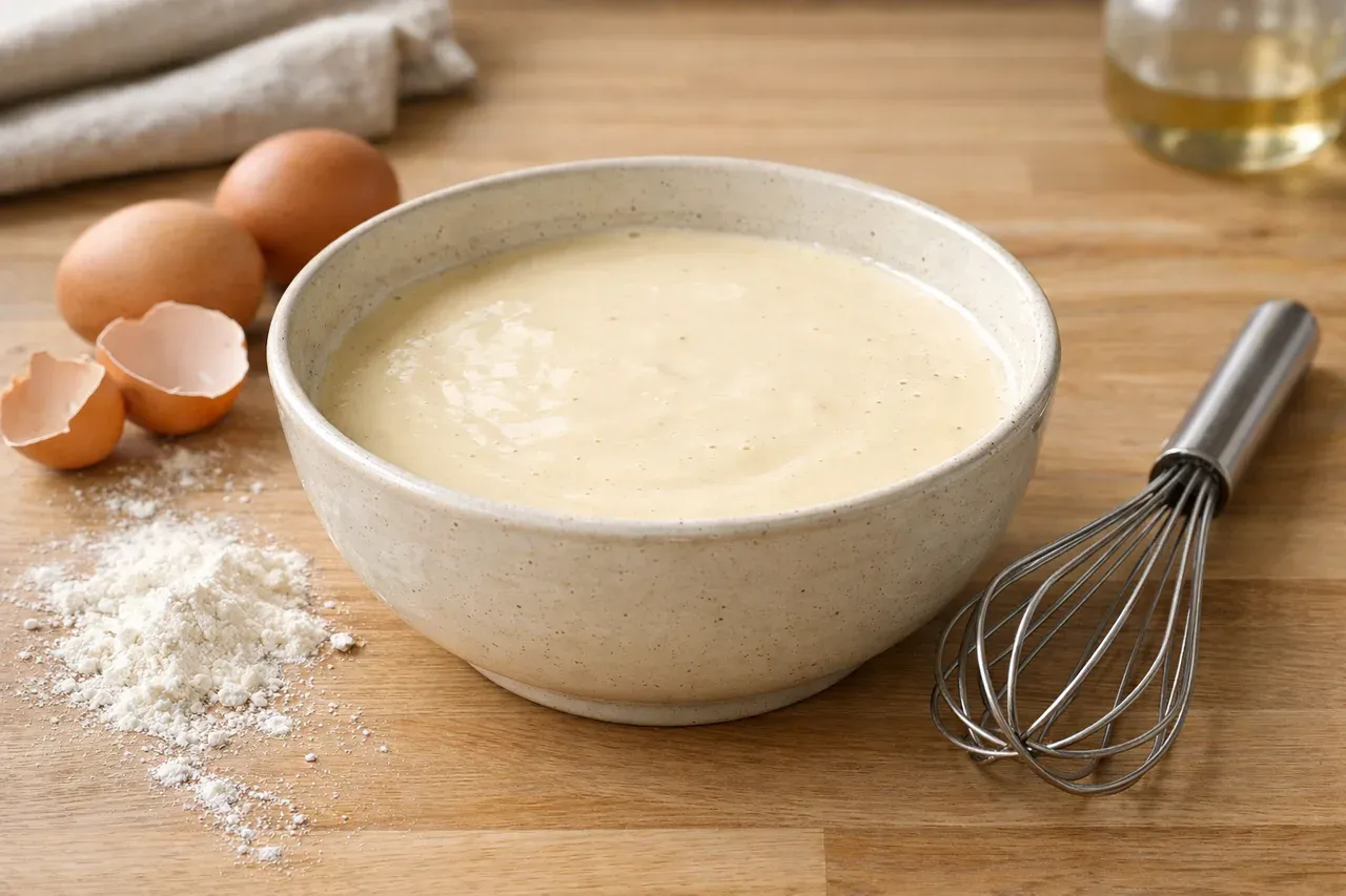 Bol de pâte à crêpes au repos au réfrigérateur, avec fouet et farine sur le plan de travail
