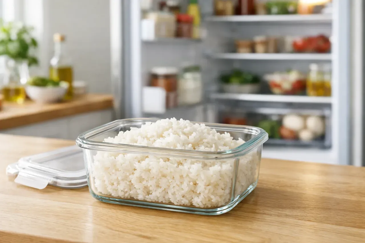 Riz cuit dans une boîte hermétique en verre, prête à être placée au réfrigérateur