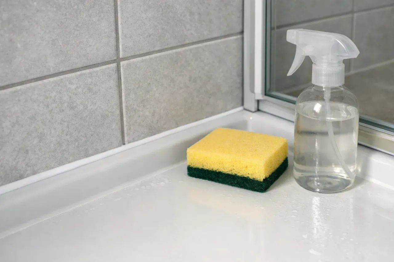 Joint de silicone blanc au pied d'une cabine de douche, avec quelques points noirs de moisissure visibles