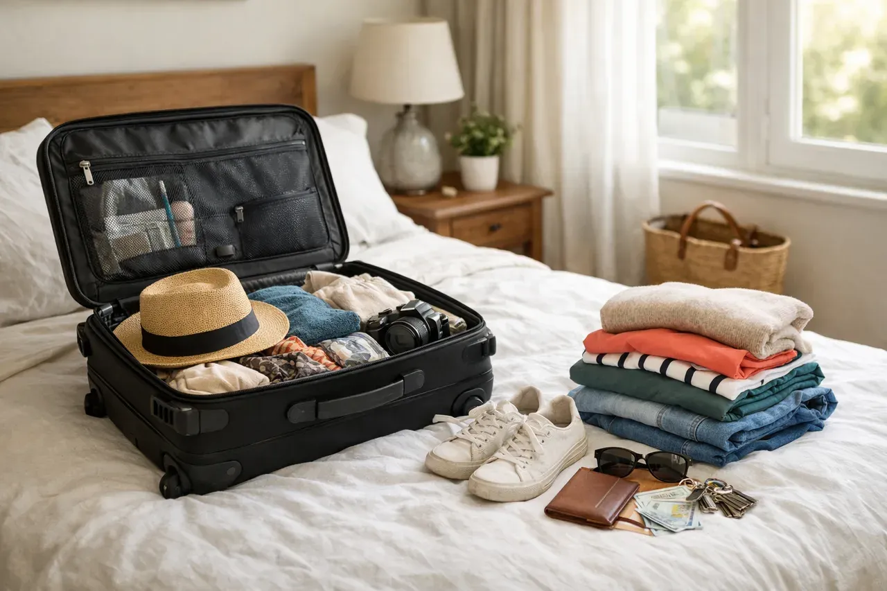 Valise ouverte posée sur un lit, prête à être aérée et nettoyée