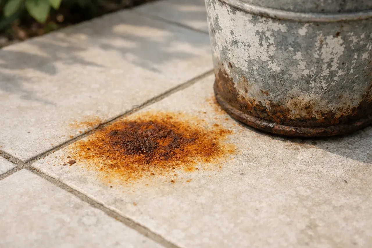 Tache de rouille orangée sur un carrelage clair, près d'un pot de fleurs métallique