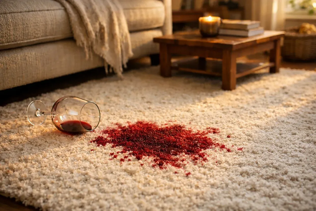 Verre de vin rouge renversé sur un tapis en laine, avec une tache visible