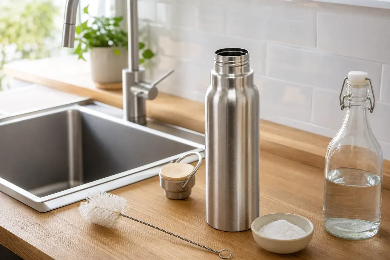 Gourde en inox ouverte posée près d'un évier de cuisine avec un goupillon, du bicarbonate et du vinaigre blanc prêts pour le nettoyage