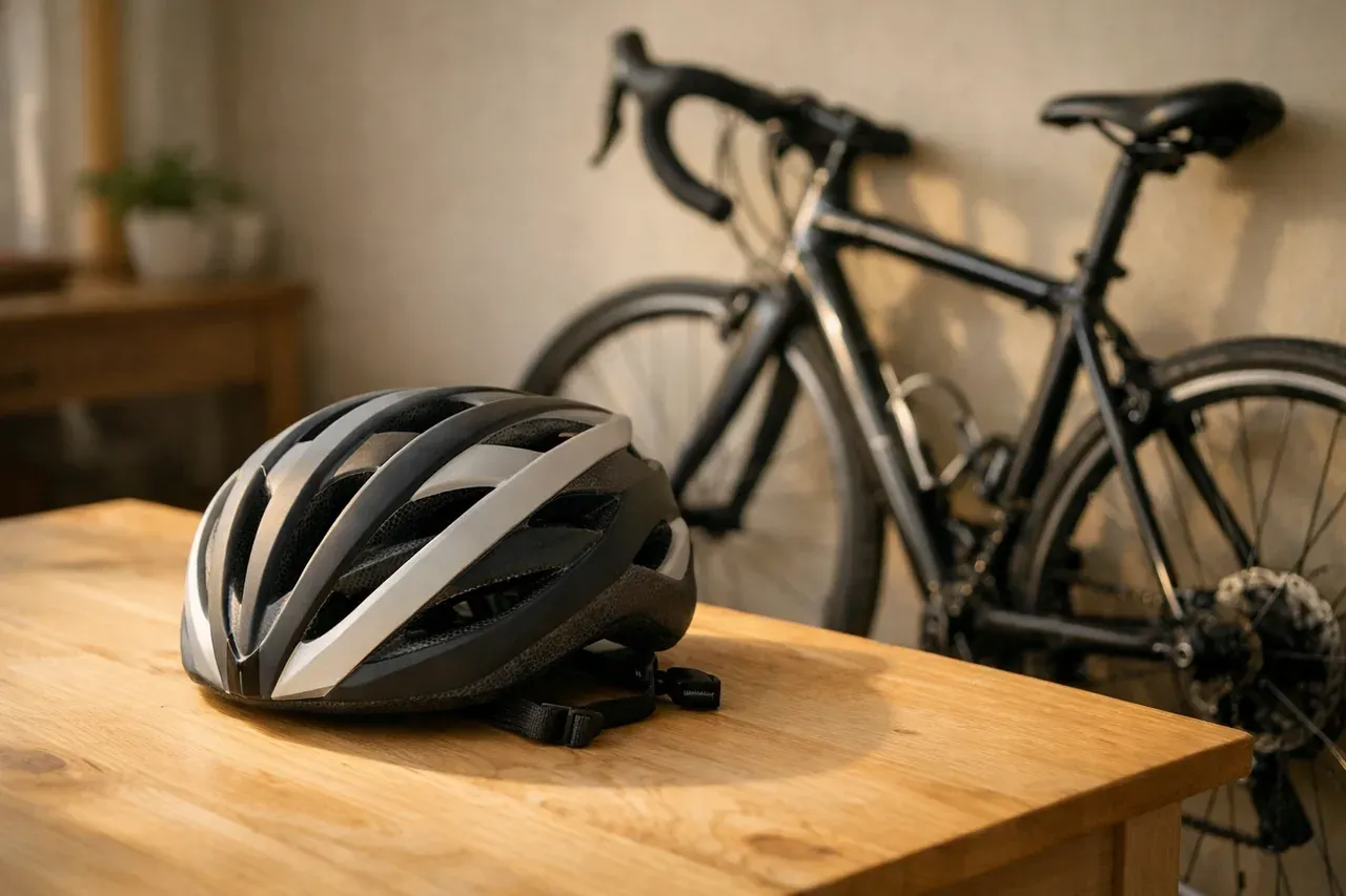 Casque de vélo posé sur une table en bois près d'un vélo, lumière naturelle