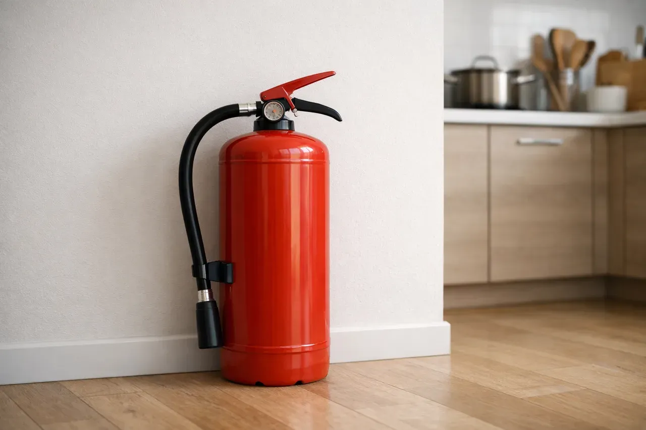 Extincteur rouge domestique posé debout contre un mur clair dans une cuisine