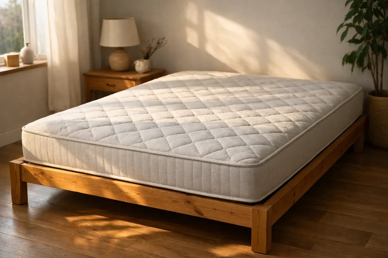 Matelas dénudé sur un sommier dans une chambre lumineuse, lumière du matin