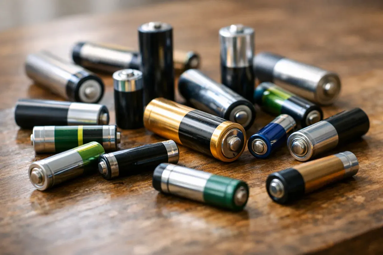 Piles rondes AA et AAA posées sur une table en bois, gros plan