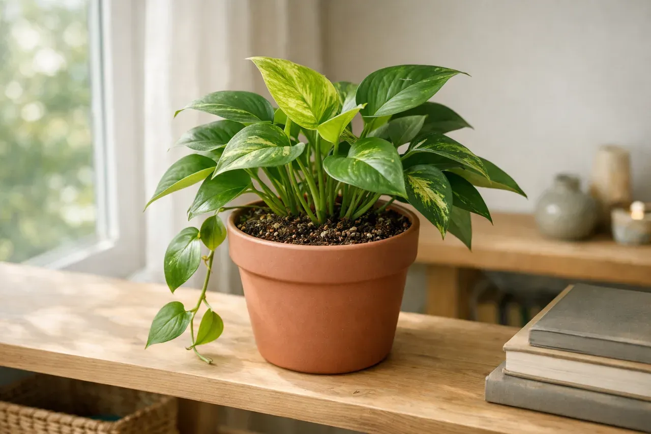 Pot de plante verte d'intérieur posé sur une étagère près d'une fenêtre lumineuse