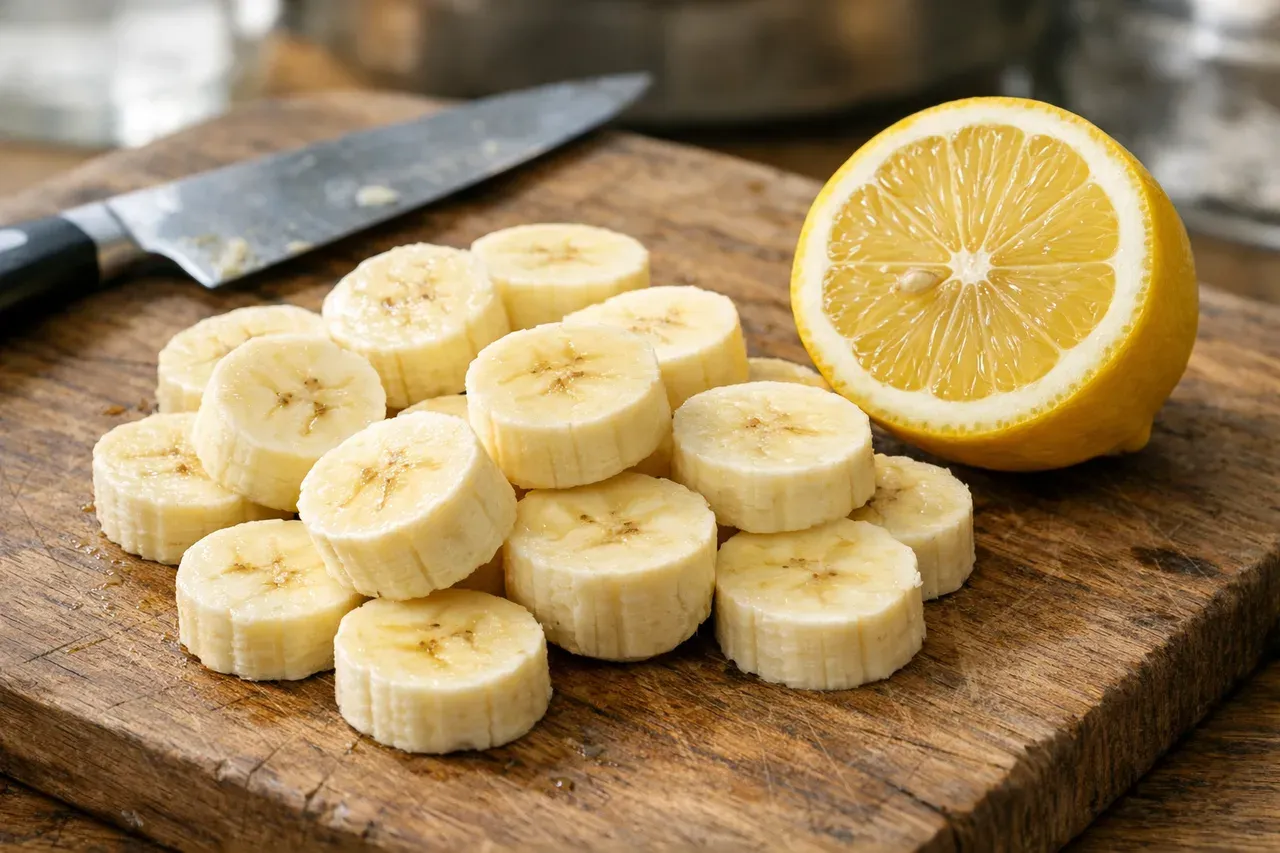 Rondelles de banane fraîchement coupées sur une planche en bois, avec un demi-citron à côté