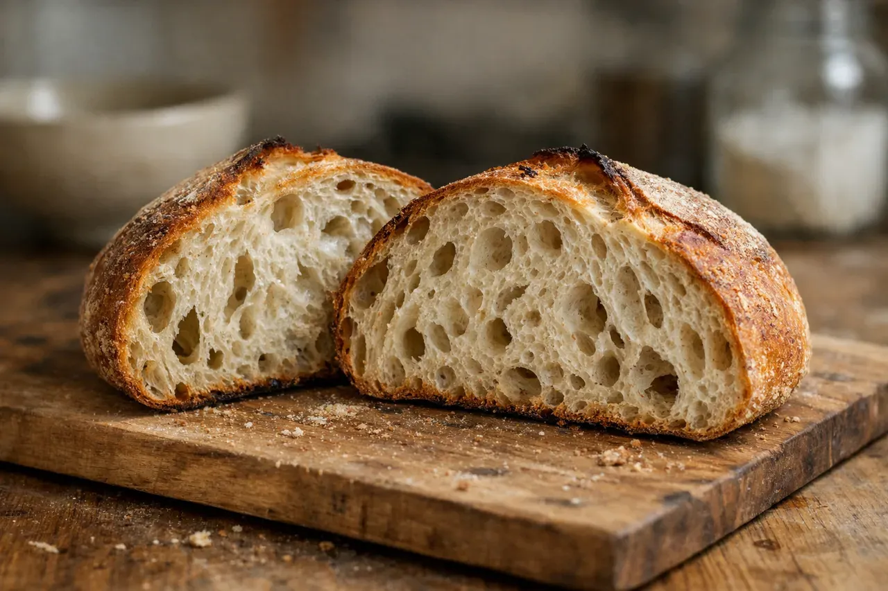 Miche de pain maison coupée en deux montrant une mie alvéolée et une croûte dorée