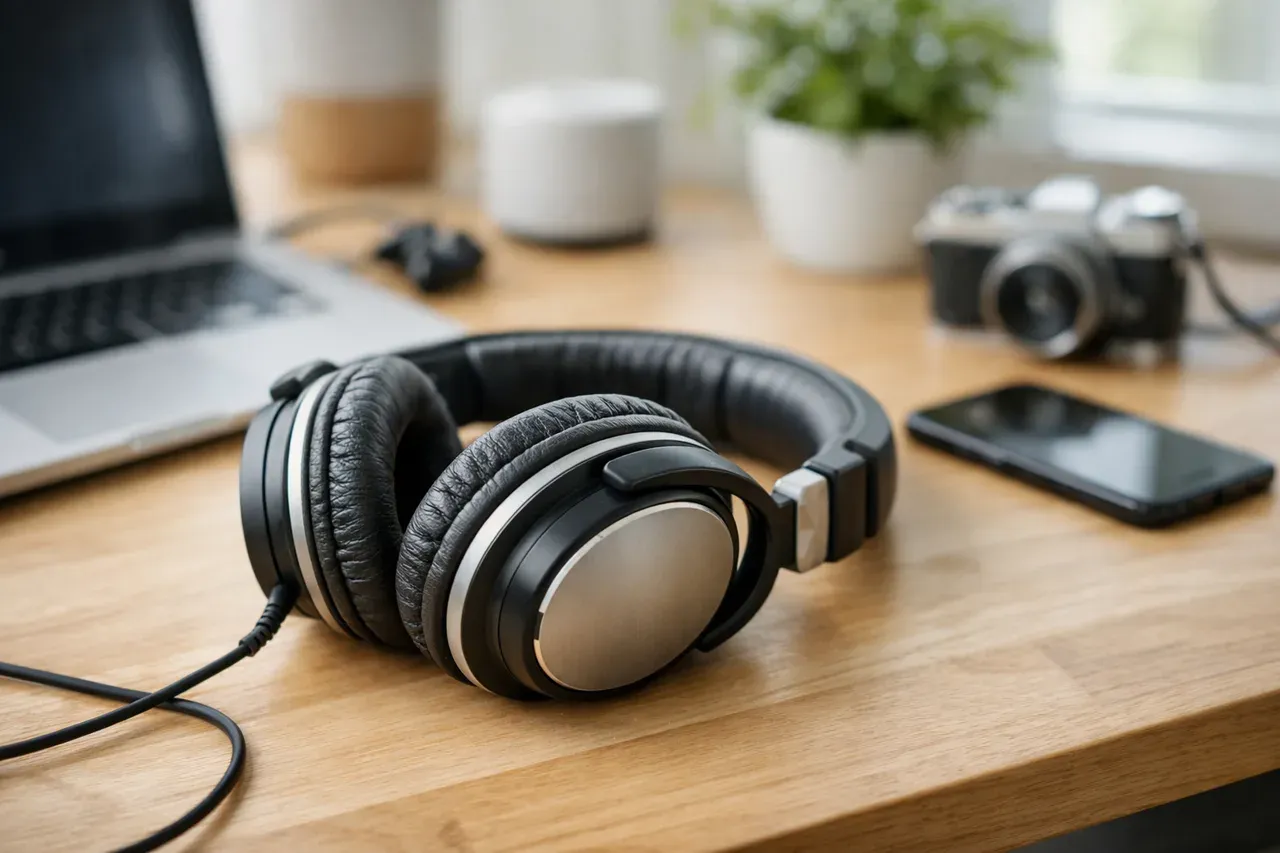 Casque audio posé sur un bureau avec la mousse des oreillettes légèrement usée
