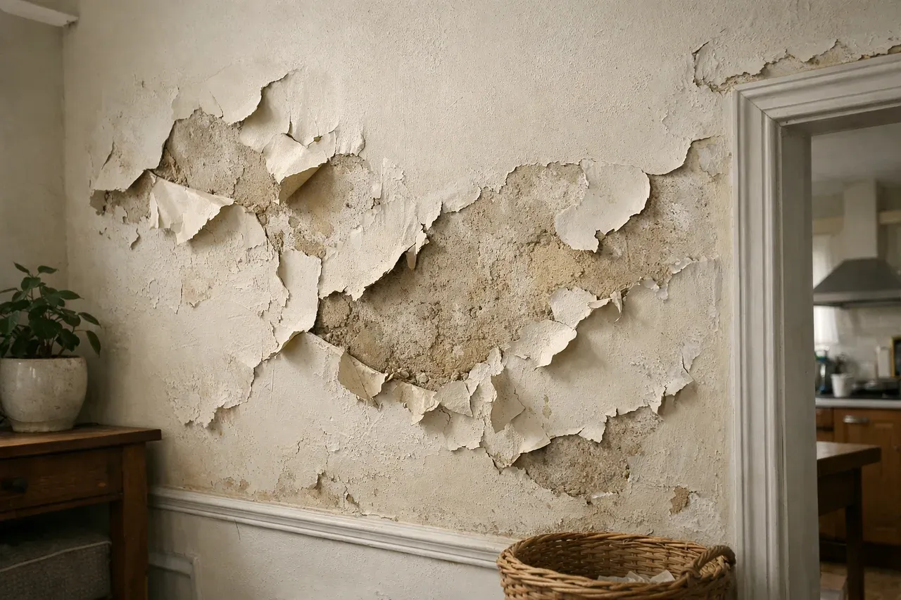 Peinture murale qui cloque et se soulève par plaques sur un mur intérieur