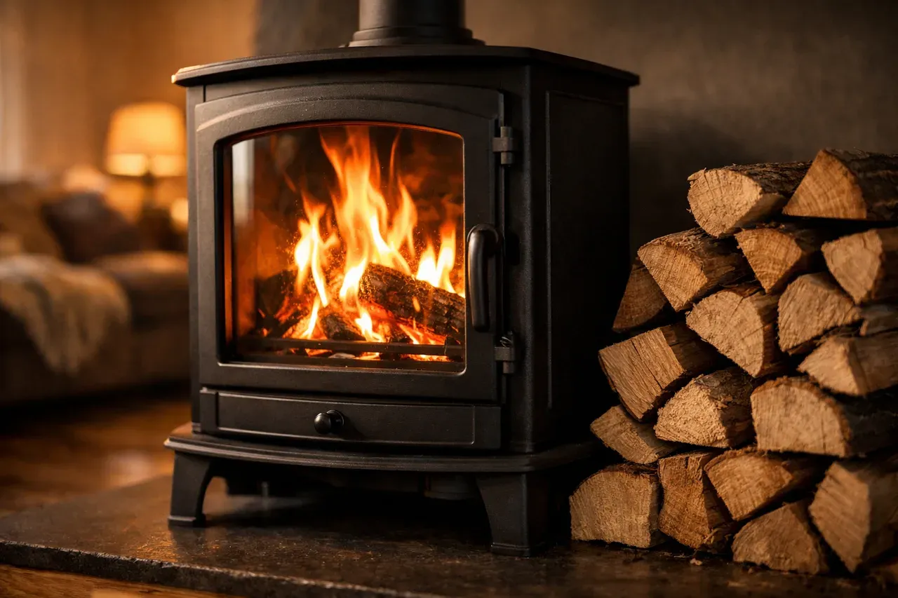 Poêle à bois allumé dans un salon, flammes visibles derrière la vitre