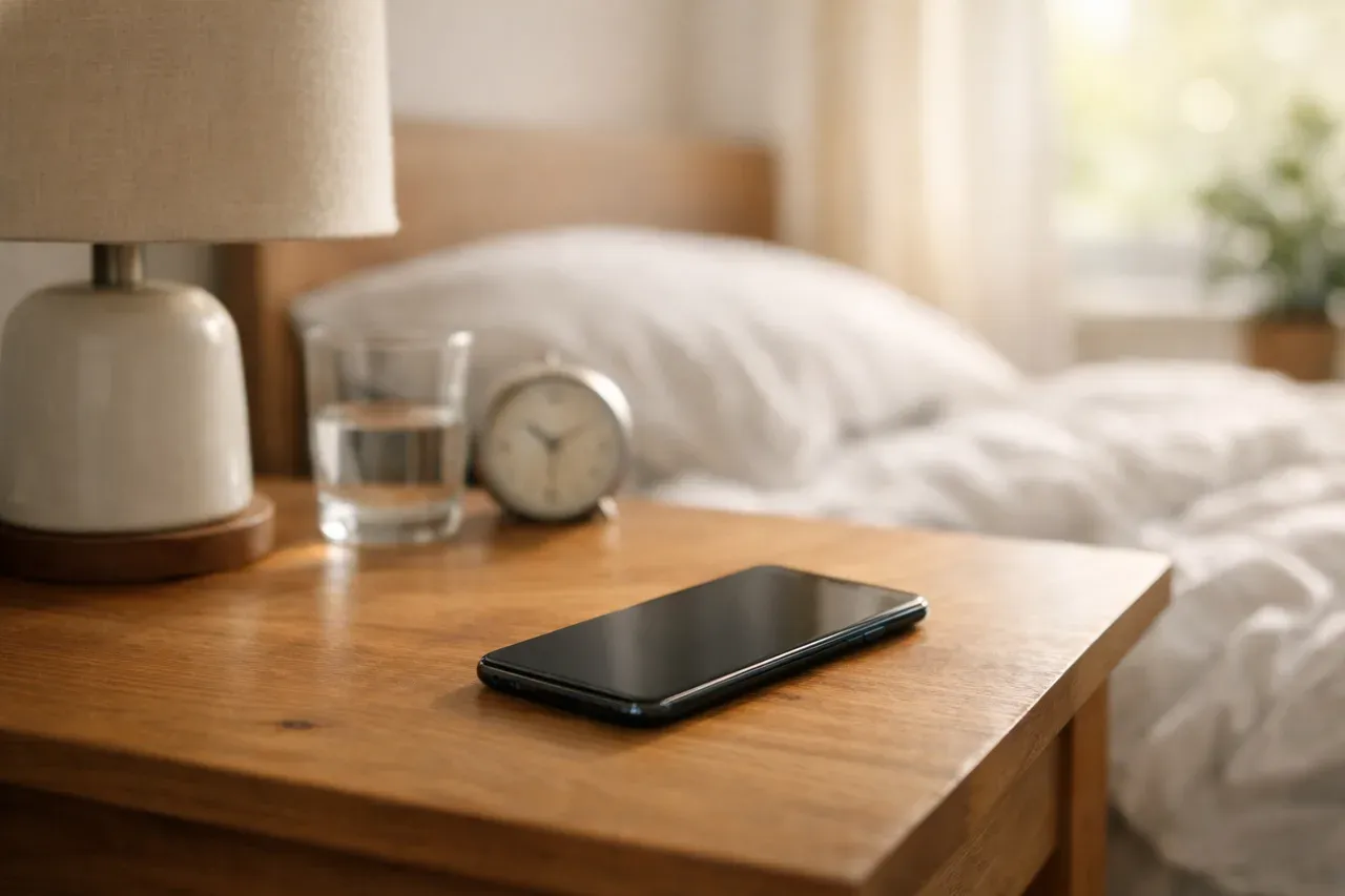 Smartphone posé sur une table de chevet dans une chambre lumineuse le matin