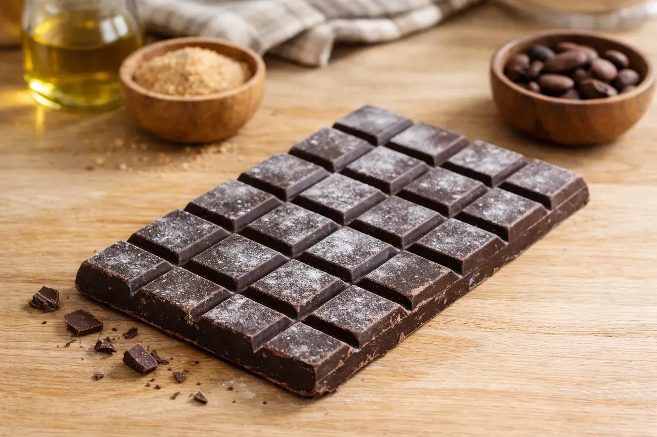 Tablette de chocolat noir légèrement blanchie posée sur une table en bois