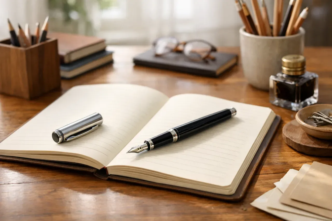 Stylo plume posé sur un carnet ouvert sur un bureau en bois lumineux
