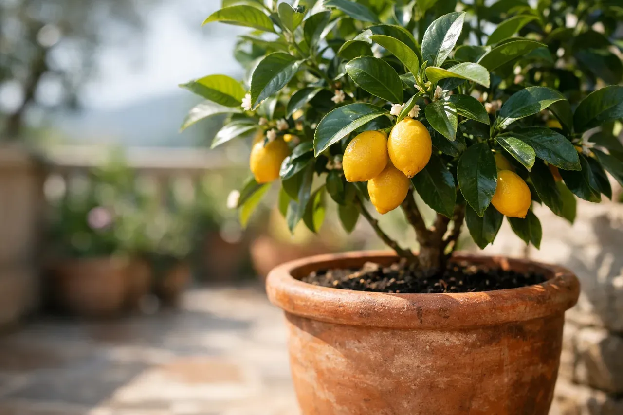 Citronnier en pot avec feuilles vertes brillantes et petits citrons, sur une terrasse ensoleillée