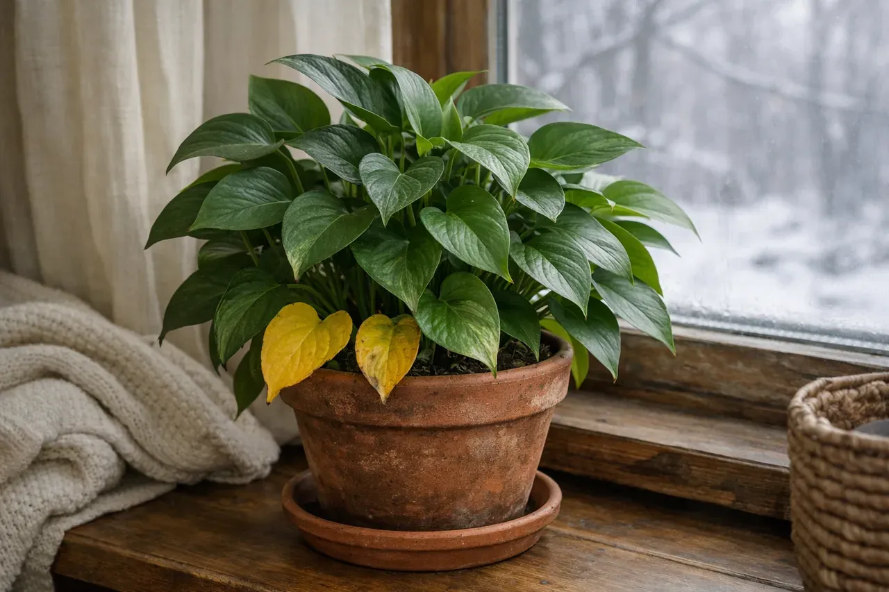 Plante verte d'intérieur près d'une fenêtre en hiver, avec quelques feuilles basses jaunies