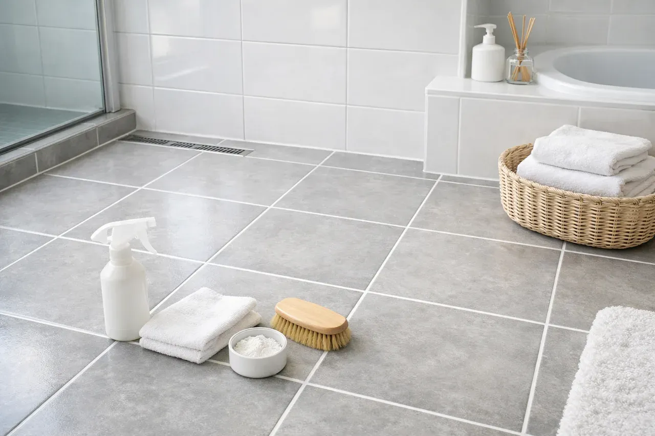 Carrelage de salle de bain avec des joints clairs dans une pièce lumineuse