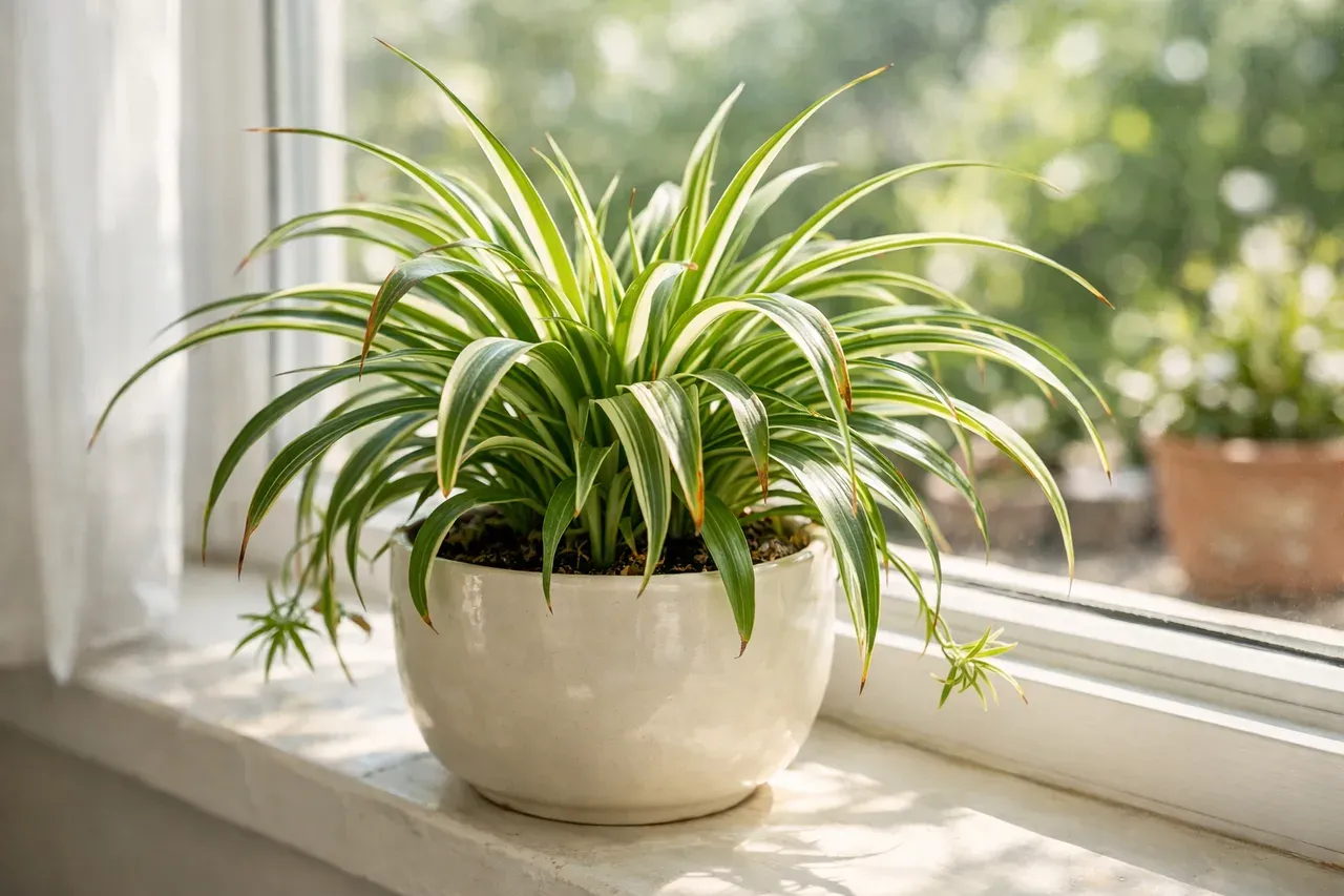 Plante araignée en pot sur un rebord de fenêtre lumineux, avec quelques pointes de feuilles brunies