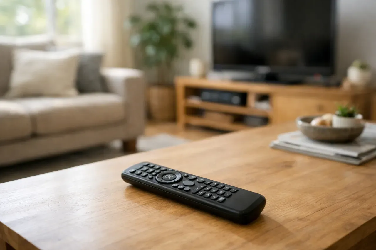 Télécommande de télévision posée sur une table basse dans un salon lumineux