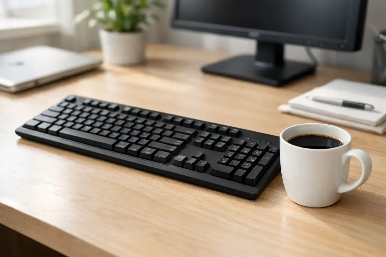 Clavier d'ordinateur posé sur un bureau lumineux à côté d'une tasse de café