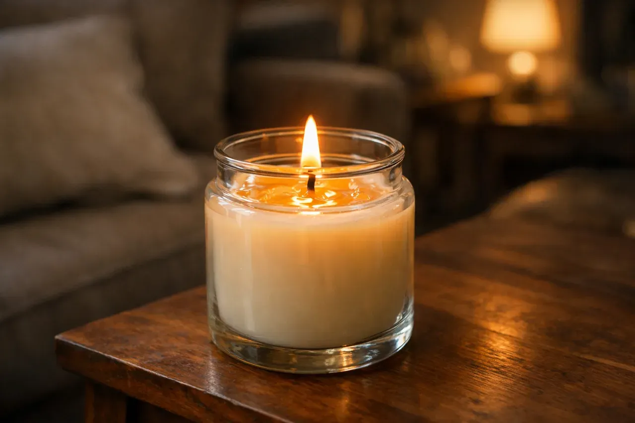 Bougie parfumée allumée dans un pot en verre, flamme douce et cire fondue en surface