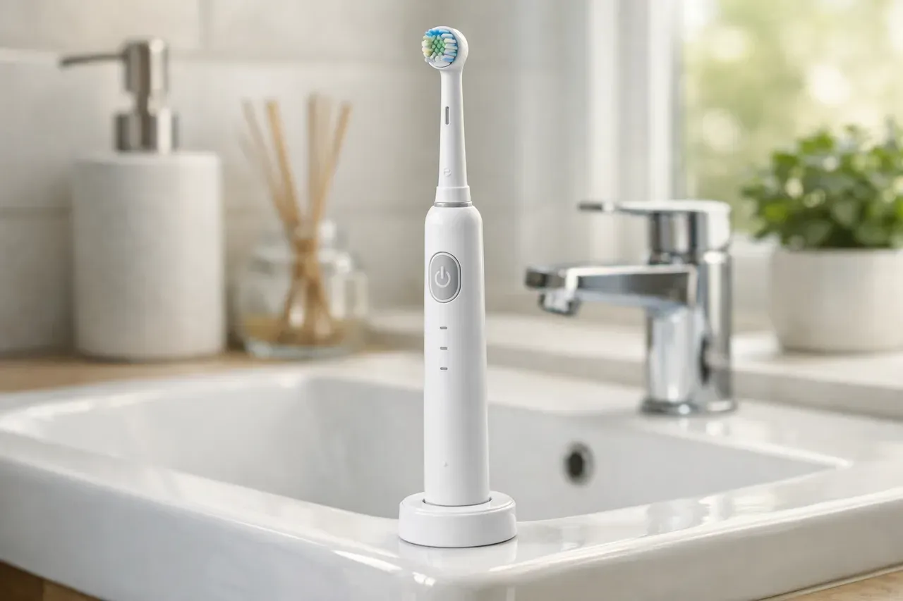 Brosse à dents électrique posée sur le rebord d'un lavabo dans une salle de bain lumineuse