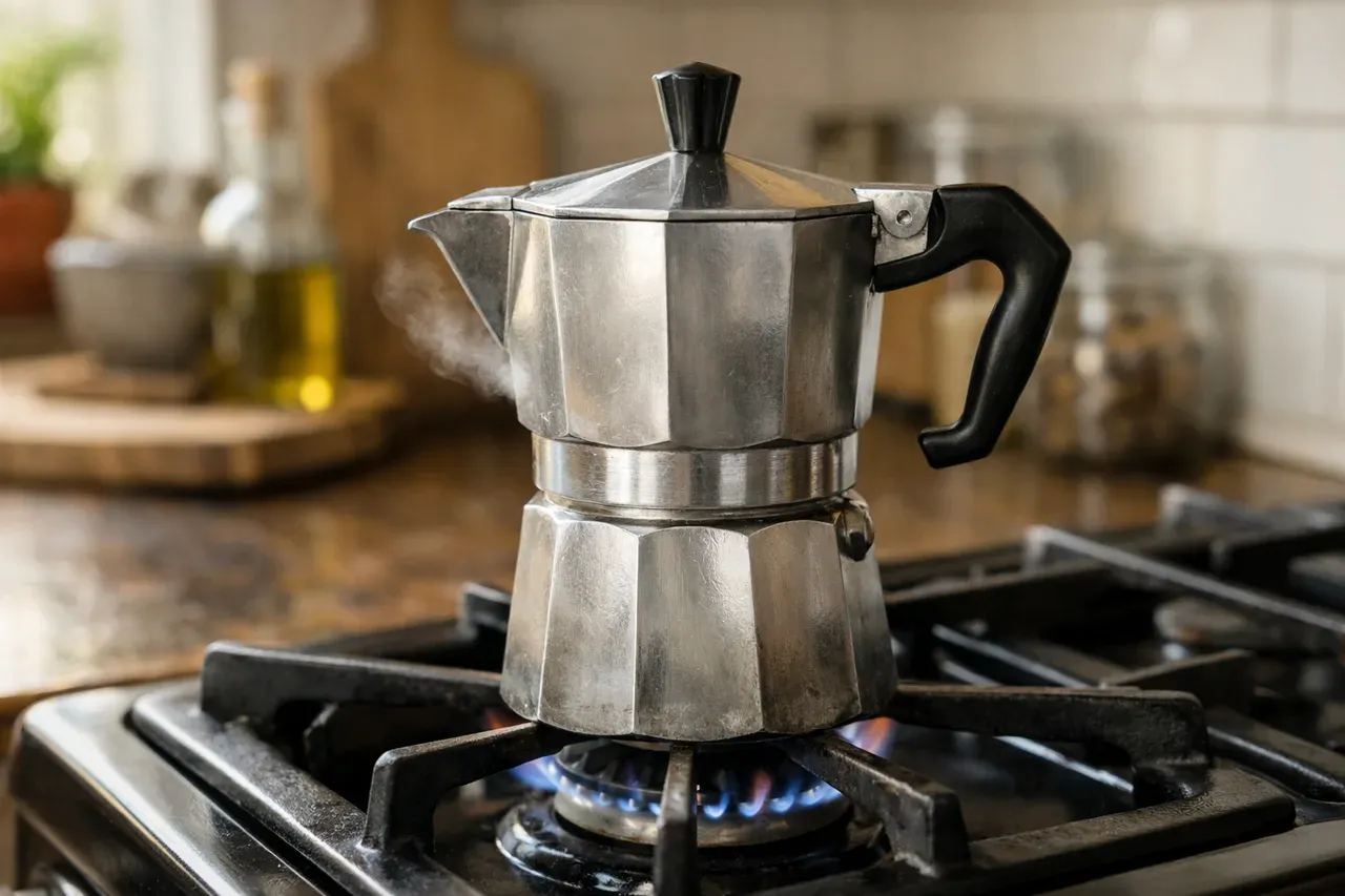 Cafetière italienne moka sur une cuisinière, avec un léger filet de vapeur sur le côté