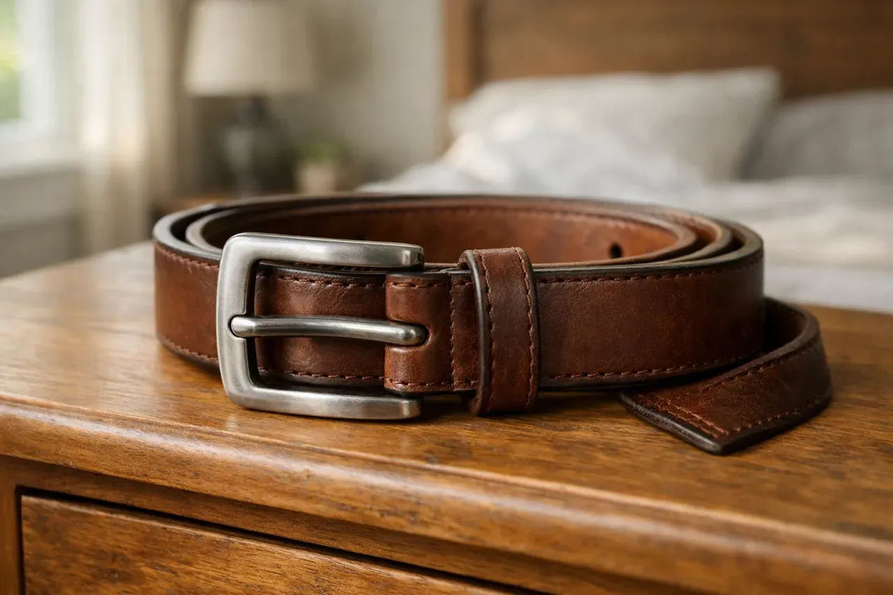 Ceinture en cuir posée sur une commode en bois dans une chambre lumineuse