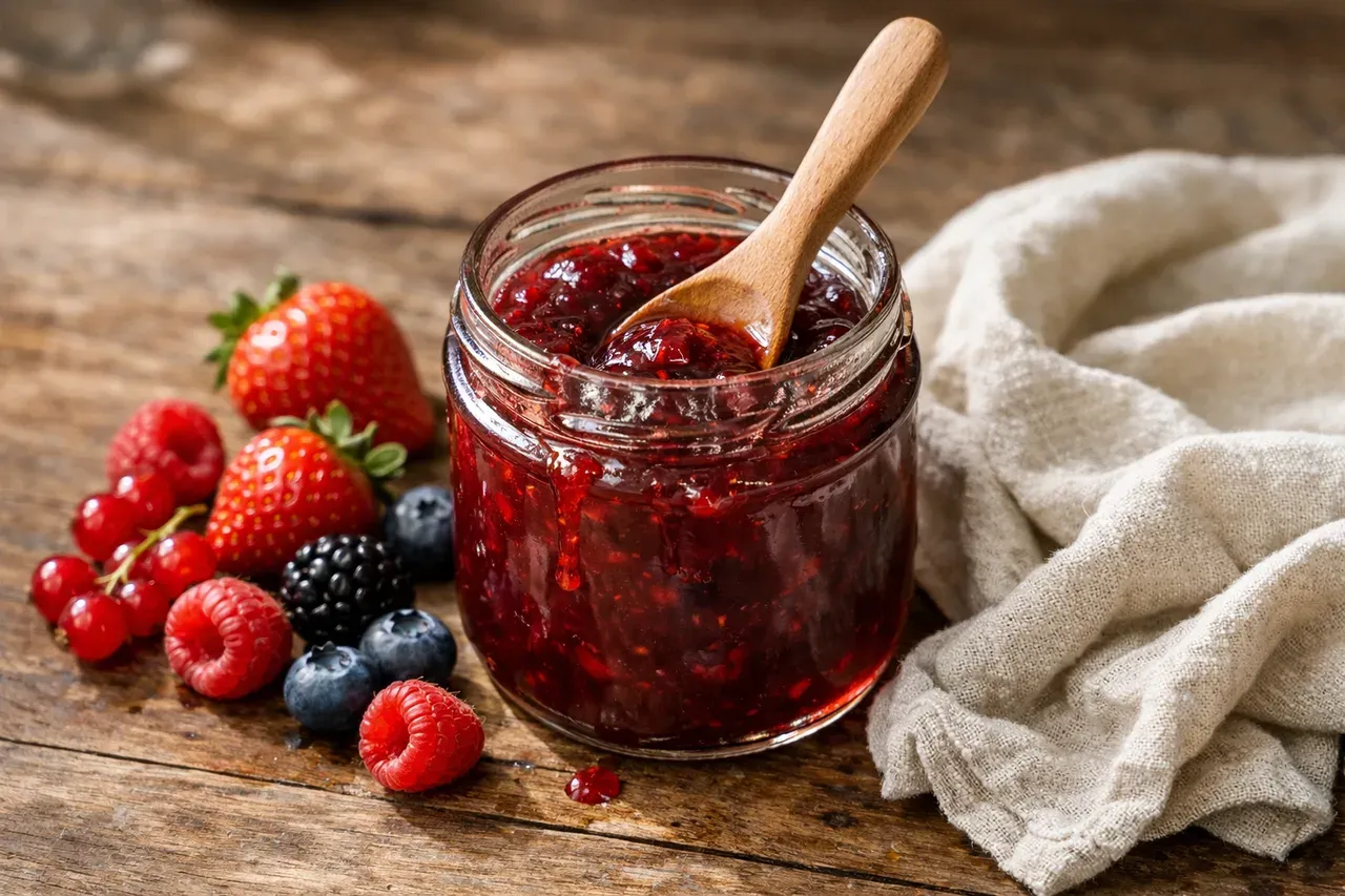 Pot de confiture maison ouvert avec du fruit et une cuillère en bois, texture encore coulante