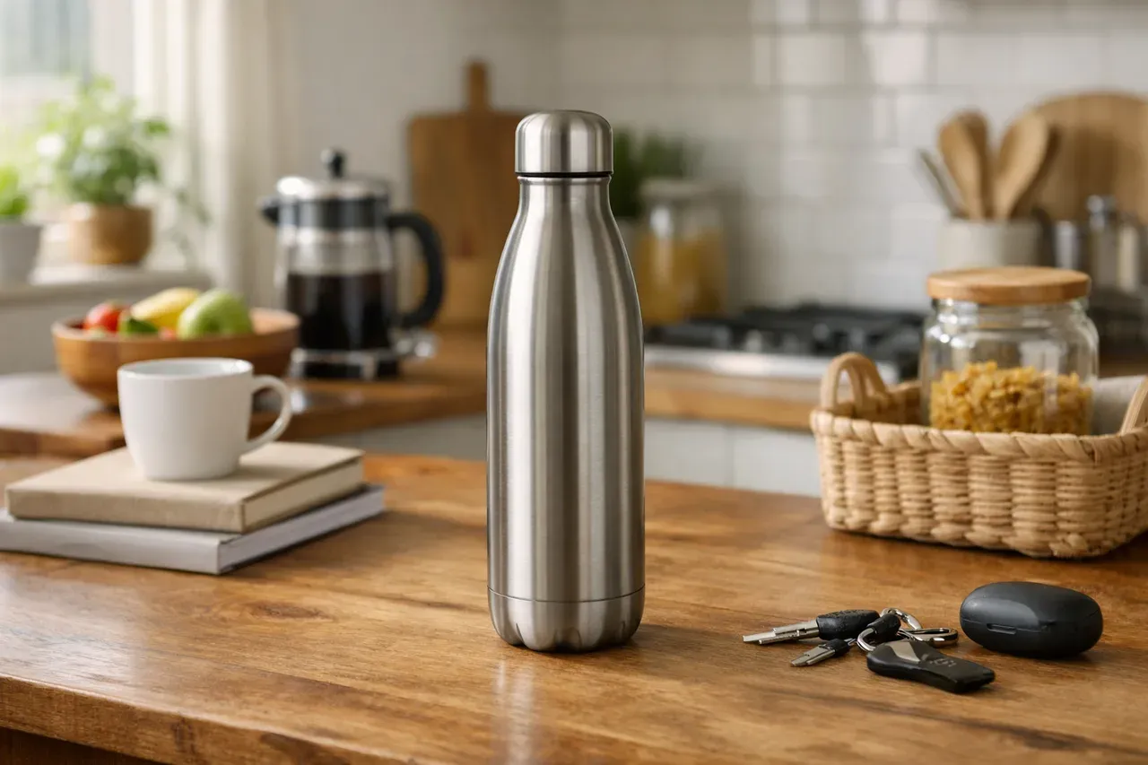 Gourde en inox posée sur une table en bois dans une cuisine lumineuse