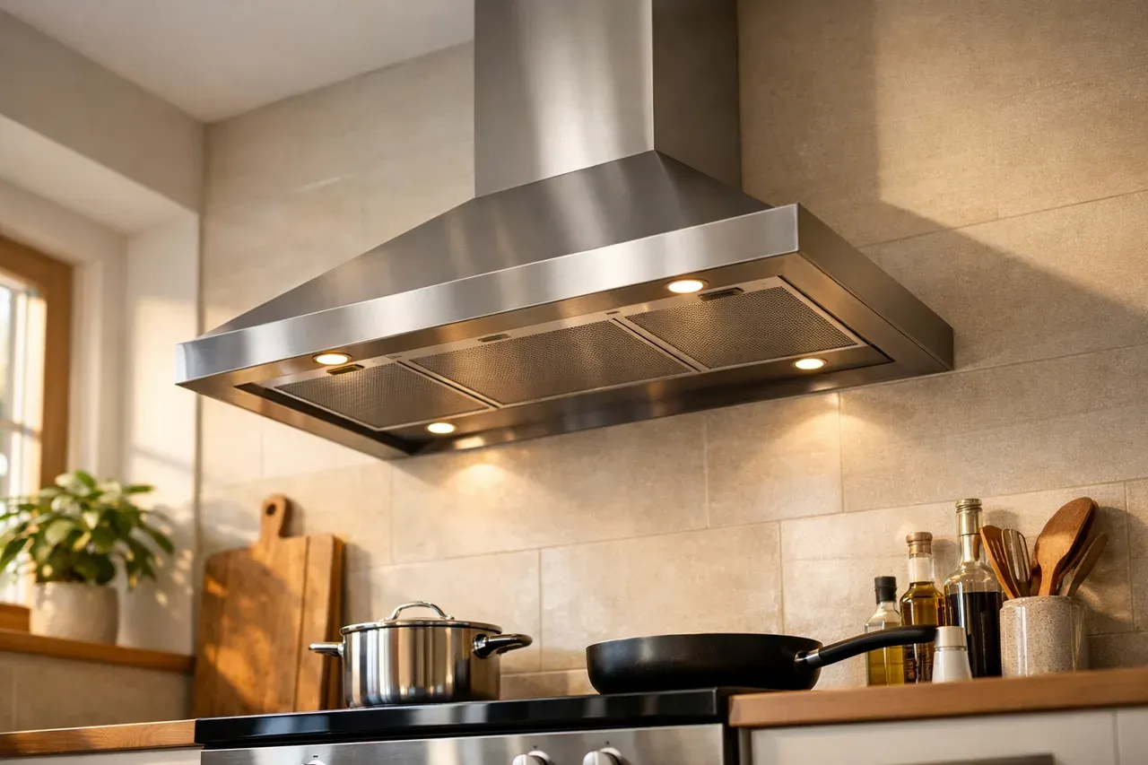 Hotte de cuisine aspirante au-dessus d'une plaque de cuisson dans une cuisine moderne