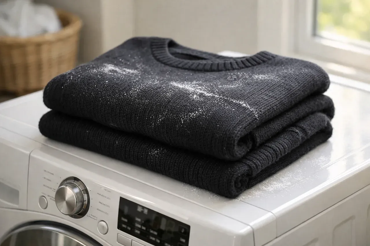 Linge noir plié sur une machine à laver, avec des traces blanches visibles sur le tissu