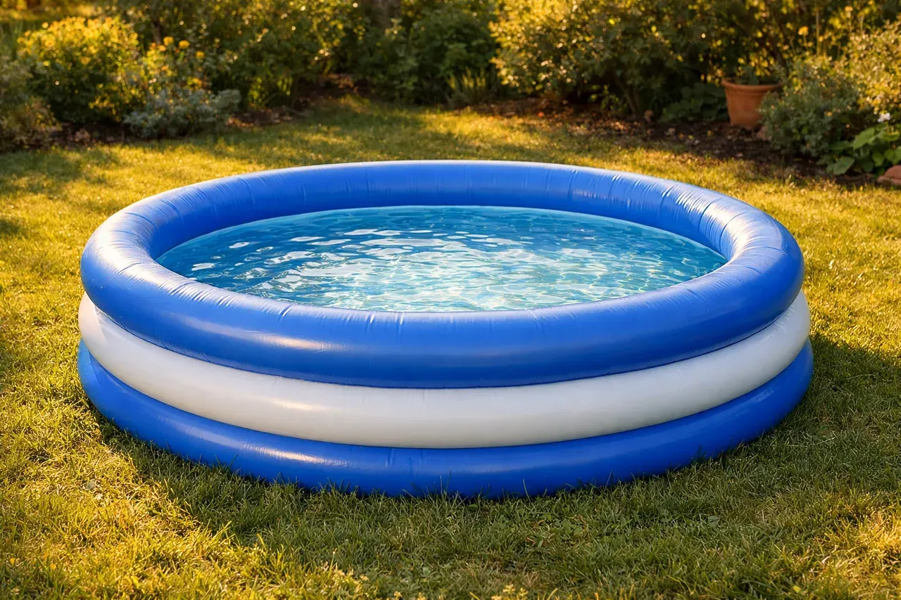 Piscine gonflable pour enfants installée dans un jardin, boudin supérieur bien gonflé au soleil