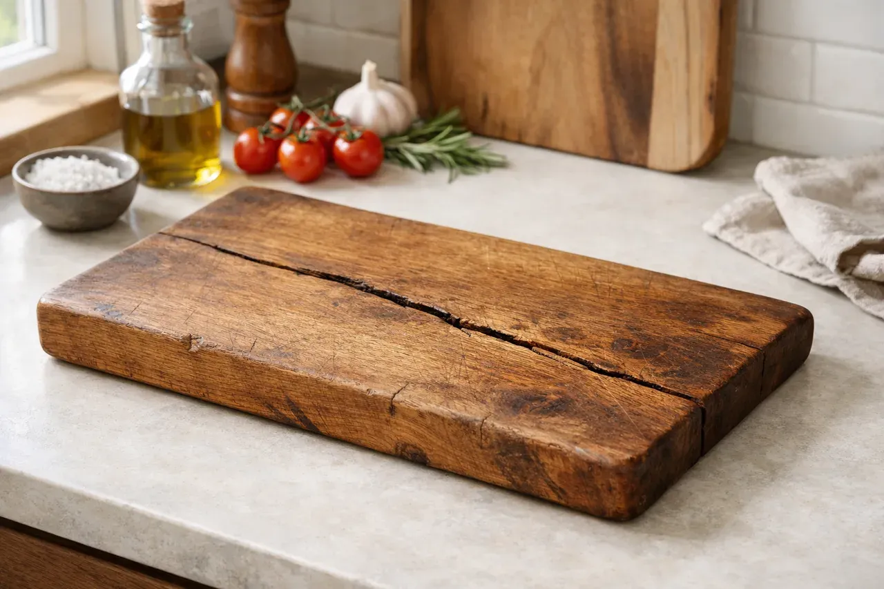 Planche à découper en bois massif fendue posée sur un plan de travail de cuisine