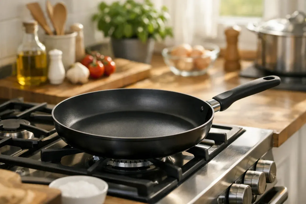 Poêle antiadhésive posée sur une cuisinière dans une cuisine lumineuse