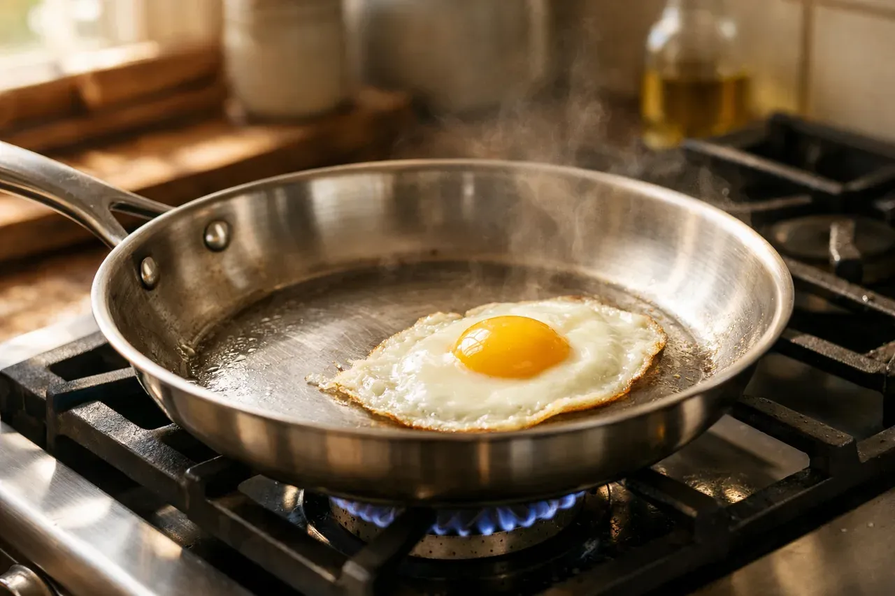 Poêle en inox sur une cuisinière, œuf qui glisse sans accrocher