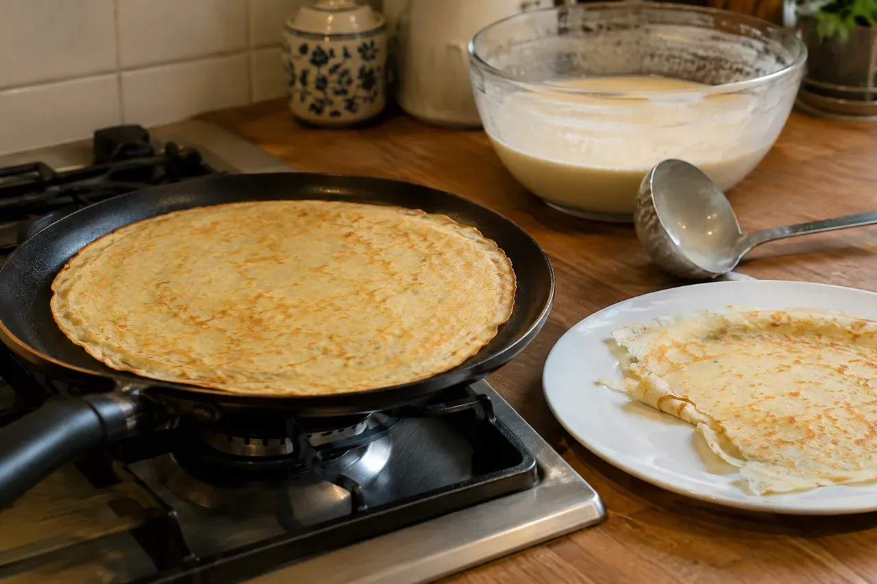 Crêpe dorée en cuisson dans une poêle sur la gazinière, à côté d'une assiette avec une crêpe froissée, d'un saladier de pâte et d'une louche