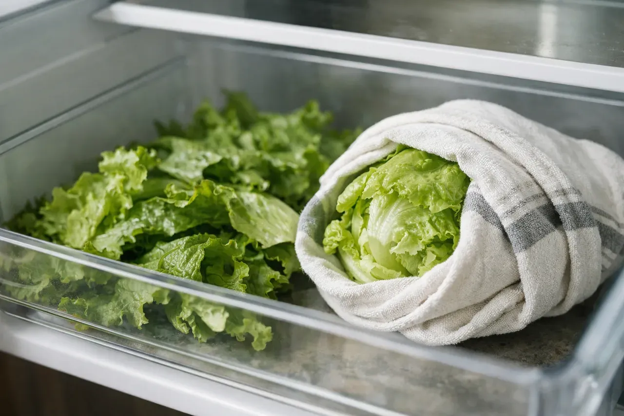 Feuilles de laitue fraîches dans le bac à légumes d'un réfrigérateur, avec une salade enveloppée dans un torchon