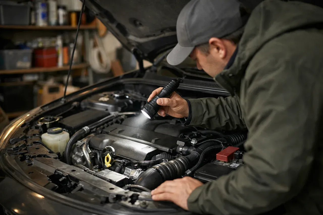 Intérieur d'une voiture avec le capot ouvert, contrôle du moteur