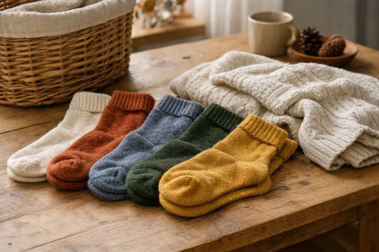 Chaussettes en laine posées sur une table en bois près d'un panier à linge